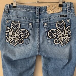 Miss Me Fleur De Lis Mid Rise Boot Cut Blue Jeans Size 29